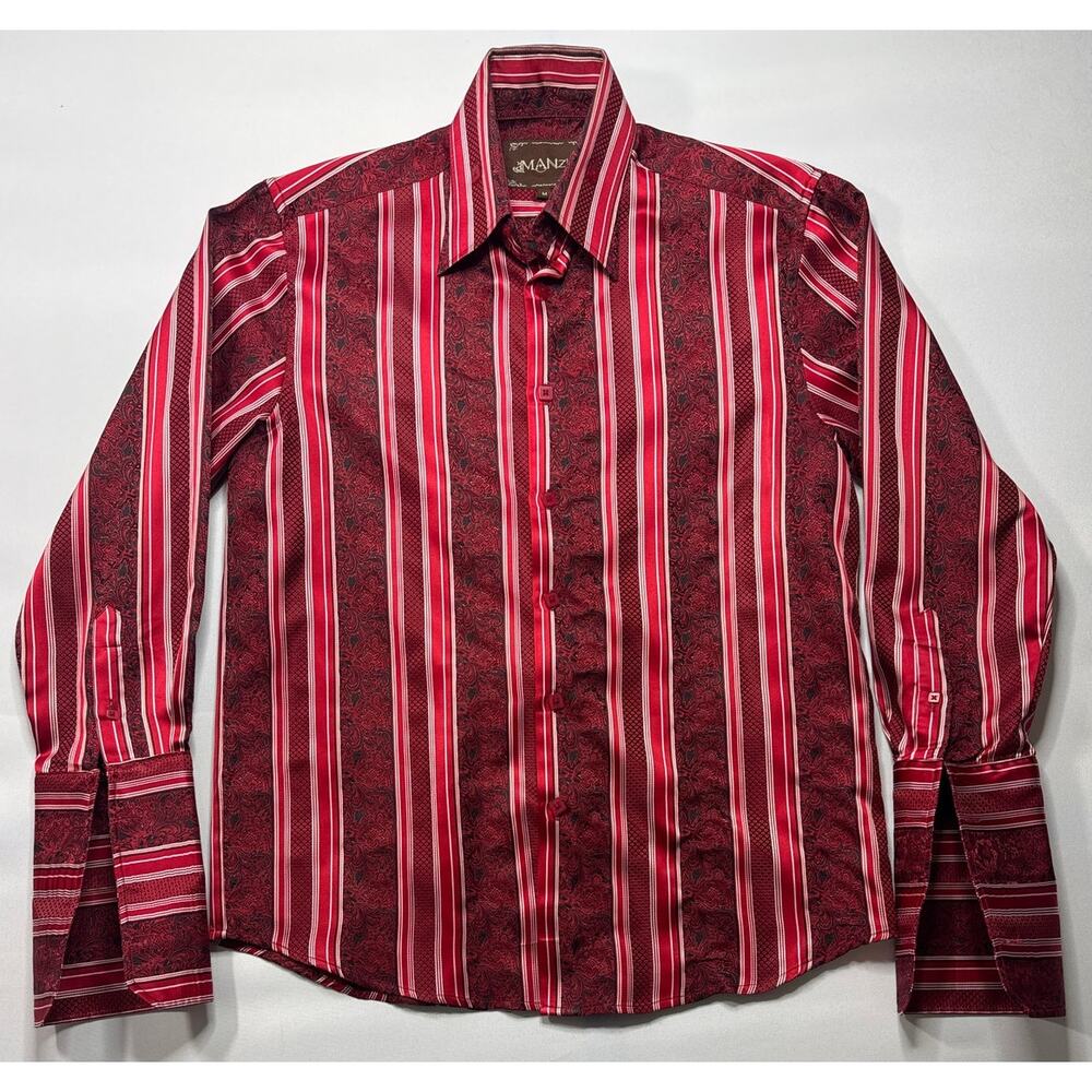 Manzini Men's Long Sleeve French Cuff Red Striped Dress Shirt - Size M